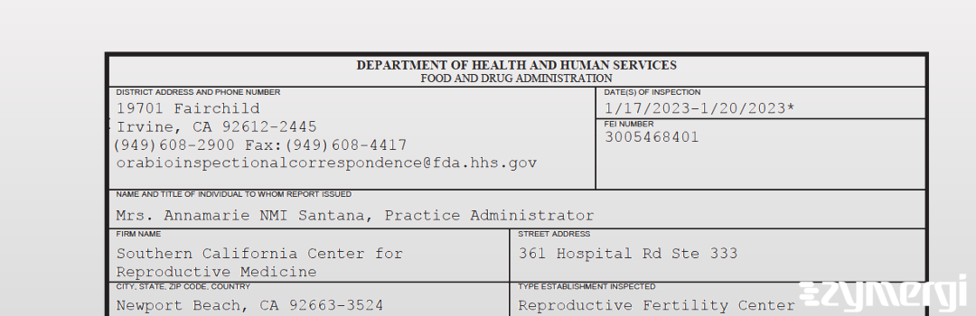 FDANews 483 Southern California Center for Reproductive Medicine Jan 20 2023 top