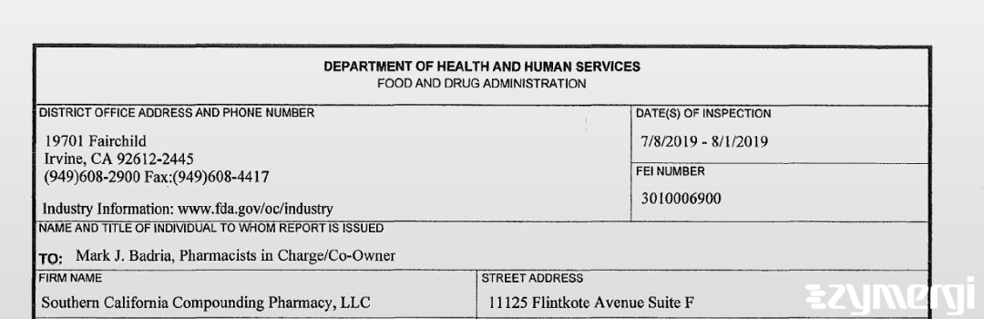 FDANews 483 Southern California Compounding Pharmacy, LLC Aug 1 2019 top