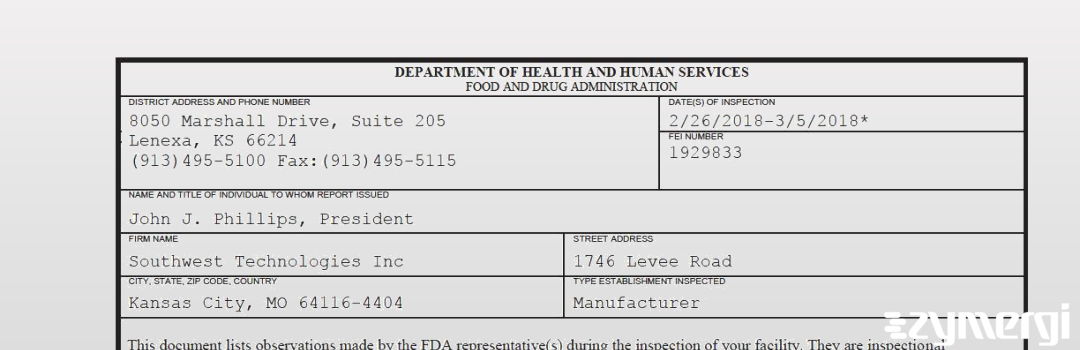 FDANews 483 Southwest Technologies Inc Mar 5 2018 top