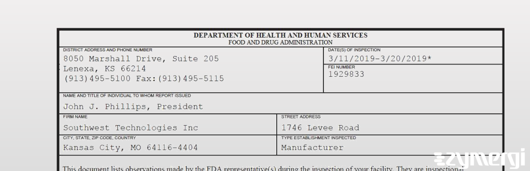 FDANews 483 Southwest Technologies Inc Mar 20 2019 top