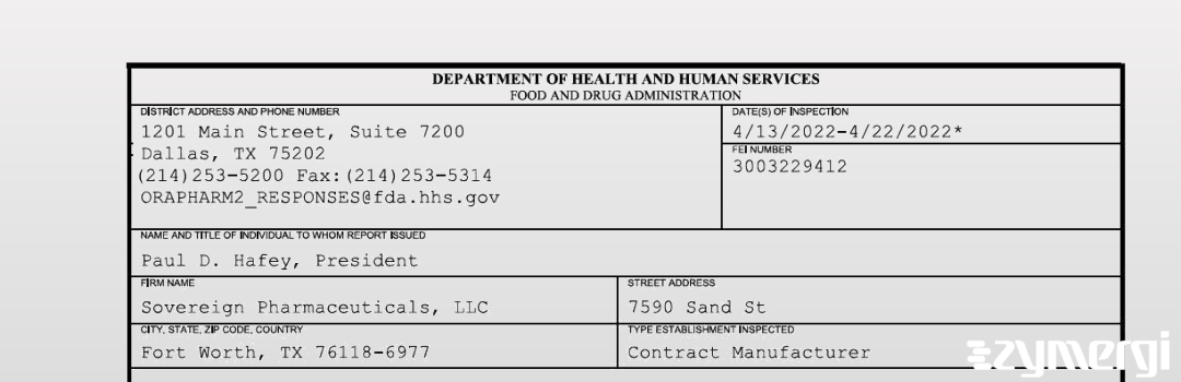 FDANews 483 Sovereign Pharmaceuticals, LLC Apr 22 2022 top