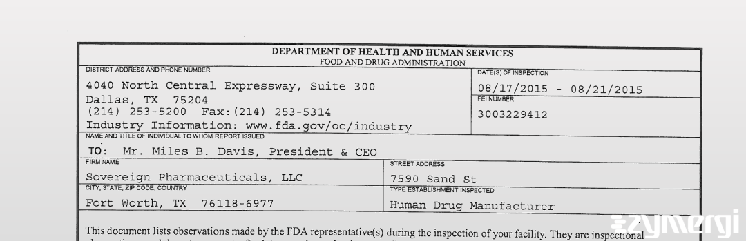 FDANews 483 Sovereign Pharmaceuticals, LLC Aug 21 2015 top