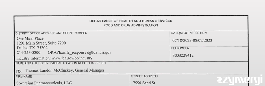 FDANews 483 Sovereign Pharmaceuticals, LLC Aug 2 2023 top