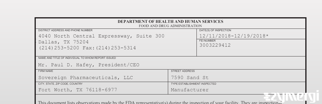 FDANews 483 Sovereign Pharmaceuticals, LLC Dec 19 2018 top