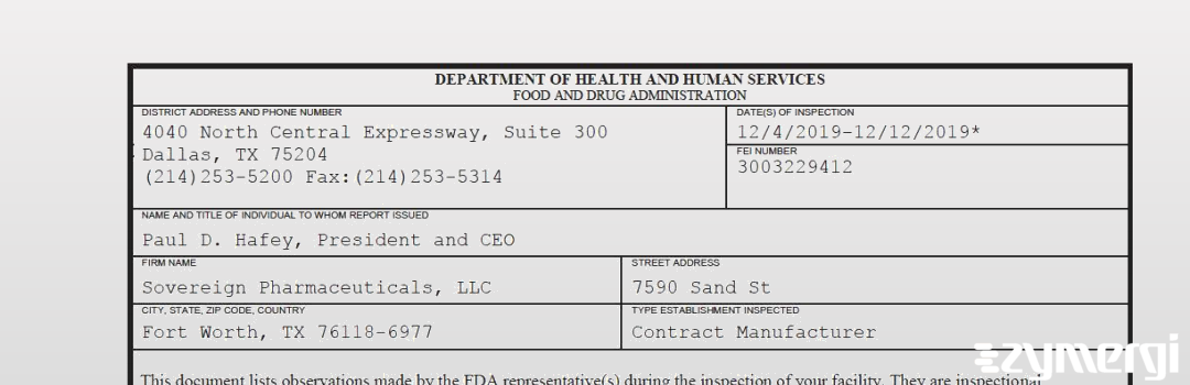 FDANews 483 Sovereign Pharmaceuticals, LLC Dec 12 2019 top