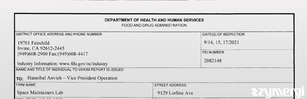 FDANews 483 Space Maintainers Lab Sep 17 2021 top