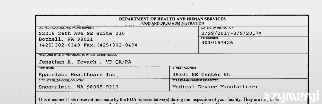 FDANews 483 Spacelabs Healthcare, Inc. Mar 9 2017 top