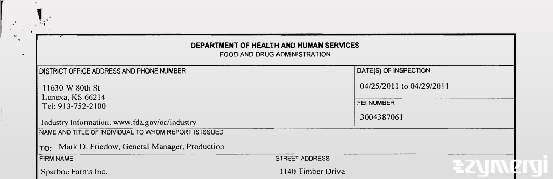 FDANews 483 Sparboe Farms, Inc. Apr 29 2011 top