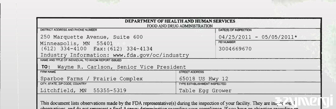 FDANews 483 Sparboe Farms / Prairie Complex May 5 2011 top