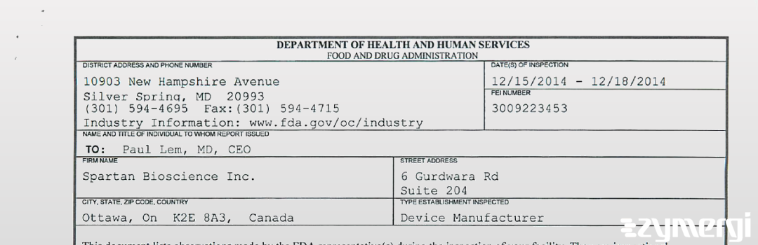 FDAzilla 483 Spartan Bioscience Inc. Dec 18 2014 top