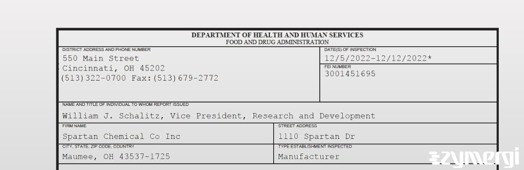 FDANews 483 Spartan Chemical Co Inc Dec 12 2022 top