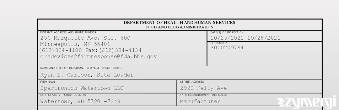 FDANews 483 Spartronics Watertown LLC Oct 28 2021 top