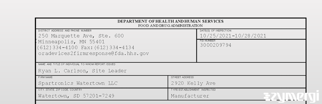 FDANews 483 Spartronics Watertown LLC Oct 28 2021 top