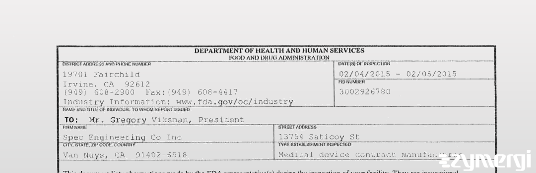 FDANews 483 Spec Engineering Co Inc Feb 5 2015 top