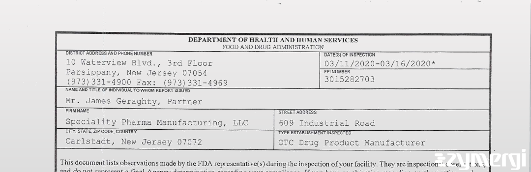 FDANews 483 Speciality Pharma Manufacturing, LLC Mar 16 2020 top