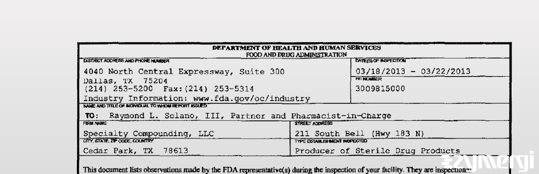 FDANews 483 Specialty Compounding, LLC Mar 22 2013 top