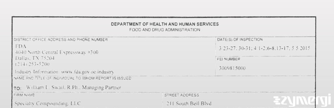 FDANews 483 Specialty Compounding, LLC May 5 2015 top