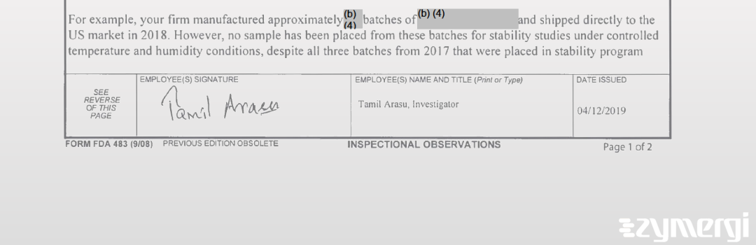 Tamil Arasu FDA Investigator