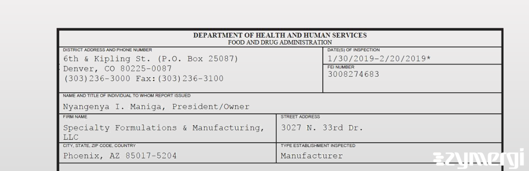 FDANews 483 Specialty Formulations & Manufacturing, LLC Feb 20 2019 top