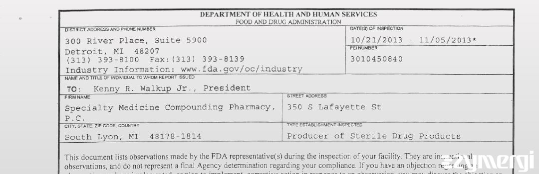 FDANews 483 Specialty Medicine Compounding Pharmacy, P.C. Nov 5 2013 top