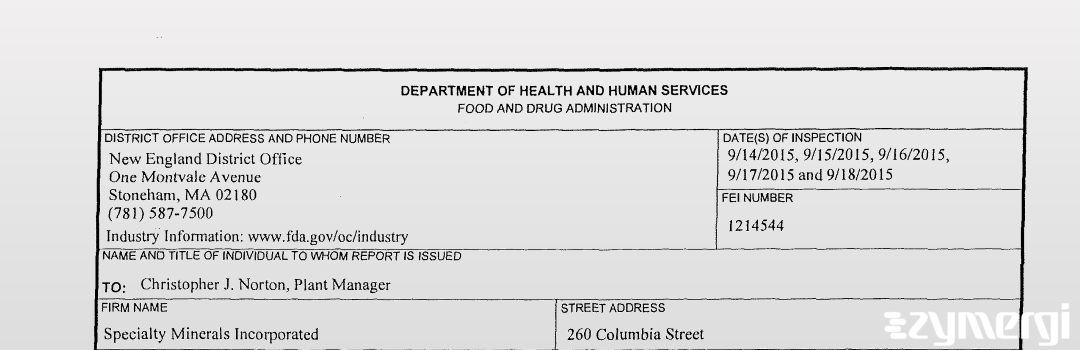 FDANews 483 Specialty Minerals, Inc. Sep 18 2015 top