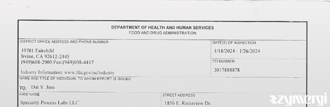 FDANews 483 Specialty Process Labs LLC Jan 26 2024 top