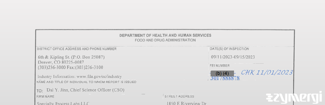 FDANews 483 Specialty Process Labs LLC Sep 15 2023 top