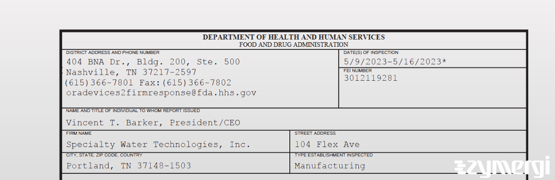 FDANews 483 Specialty Water Technologies, Inc. May 16 2023 top