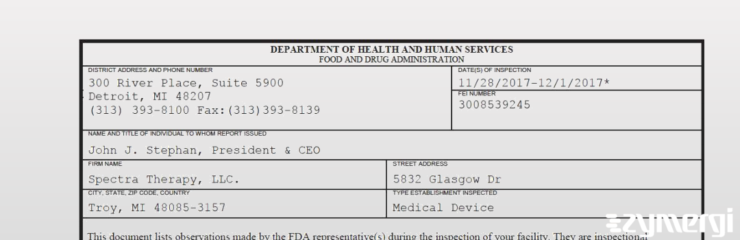 FDANews 483 Spectra Therapy, LLC. Dec 1 2017 top