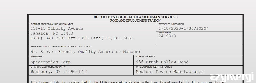 FDANews 483 Spectronics Corp Jan 30 2020 top