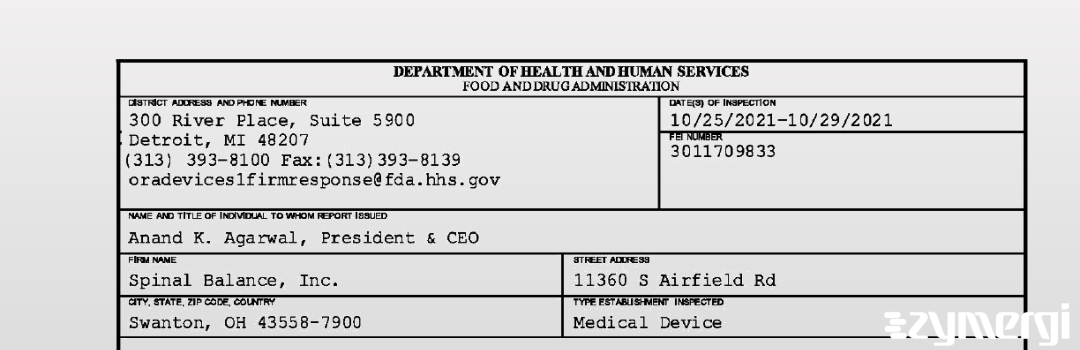 FDANews 483 Spinal Balance, Inc. Oct 29 2021 top