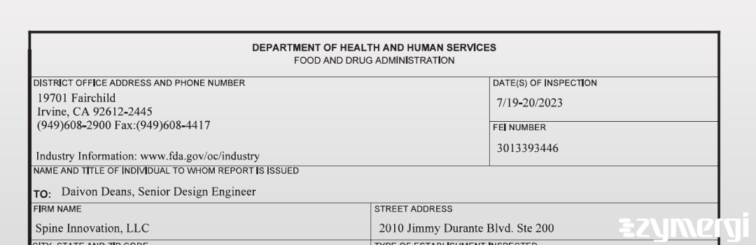 FDANews 483 SPINE INNOVATION, LLC Jul 20 2023 top