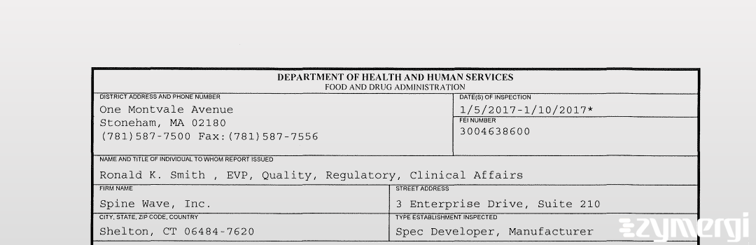 FDANews 483 Spine Wave, Inc. Jan 10 2017 top