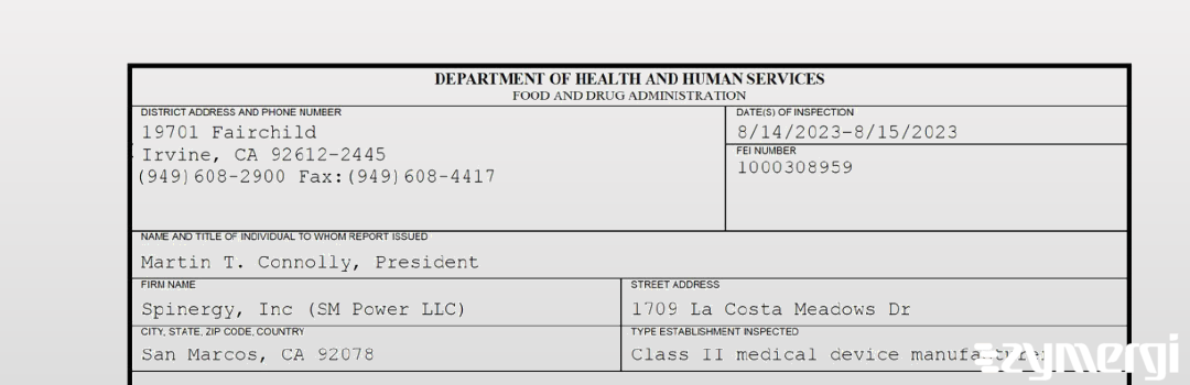FDANews 483 Spinergy, Inc (SM Power LLC) Aug 15 2023 top