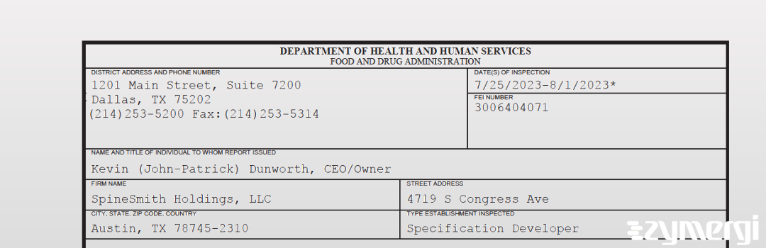 FDANews 483 SpineSmith Holdings, LLC Aug 1 2023 top