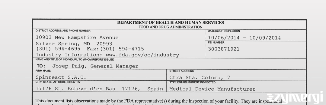 FDAzilla 483 Spinreact S.A.U. Oct 9 2014 top