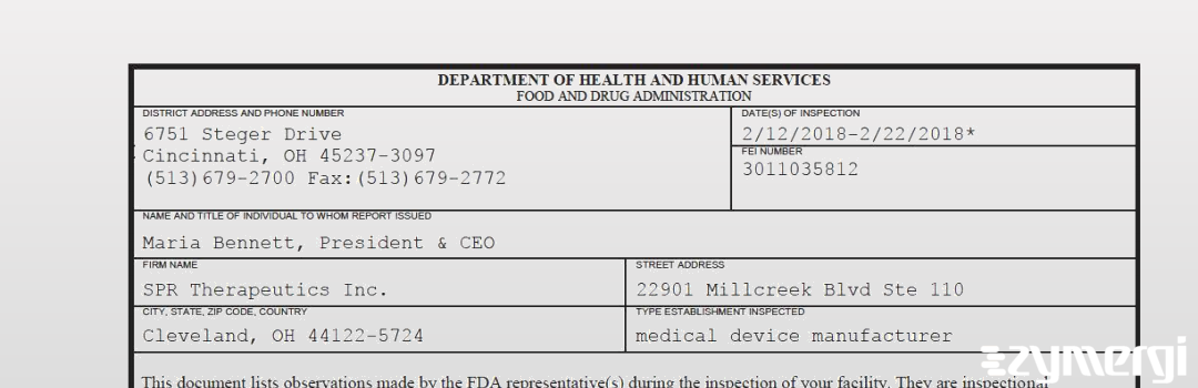 FDANews 483 SPR Therapeutics Inc. Feb 22 2018 top