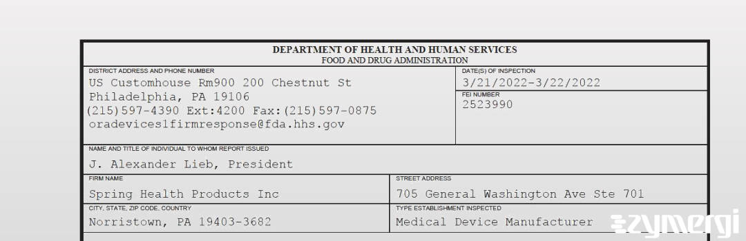 FDANews 483 Spring Health Products Inc Mar 22 2022 top