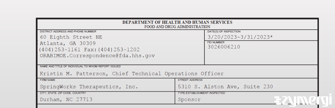 FDANews 483 SpringWorks Therapeutics, Inc. Mar 31 2023 top