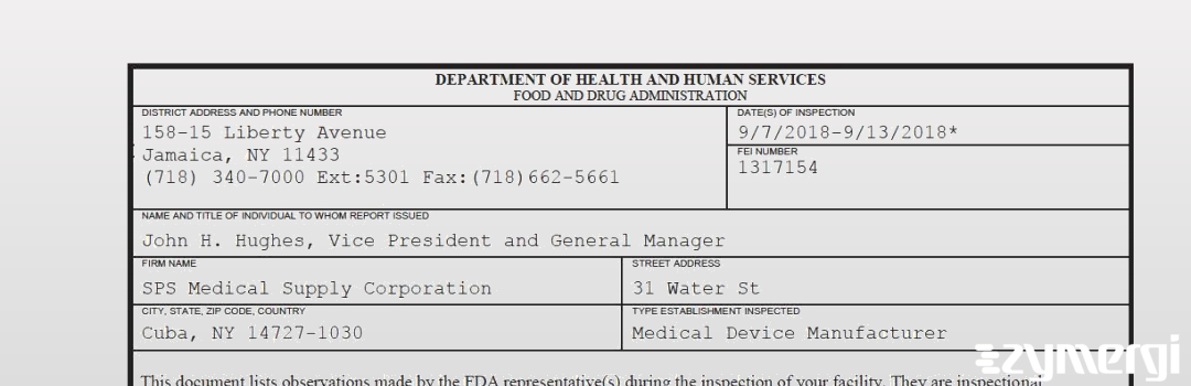 FDANews 483 SPS Medical Supply Corporation Sep 13 2018 top