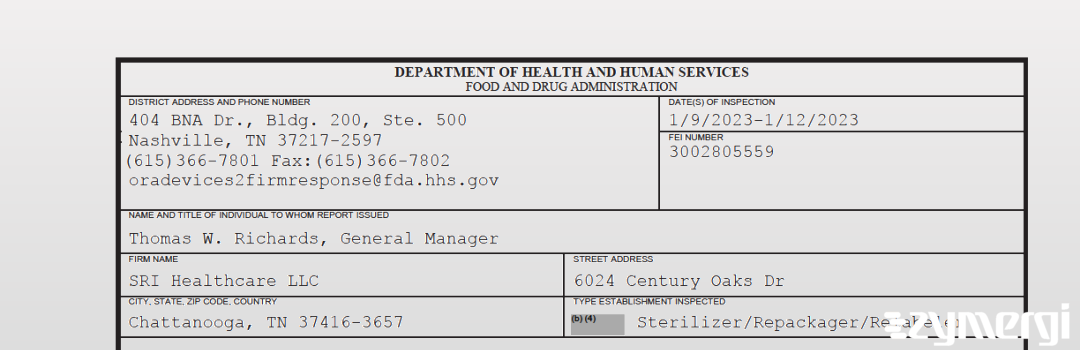 FDANews 483 SRI Healthcare LLC Jan 12 2023 top