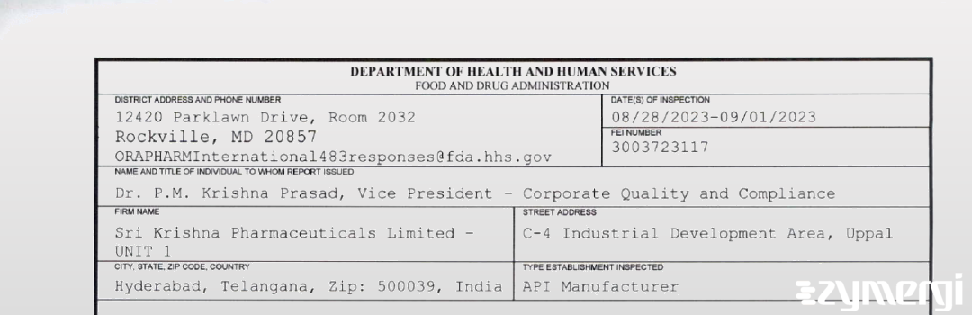 FDANews 483 SRI Krishna Pharmaceuticals Ltd - Unit I Sep 1 2023 top