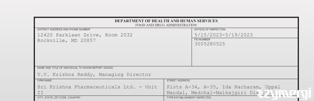 FDANews 483 Sri Krishna Pharmaceuticals Ltd. - Unit II May 19 2023 top