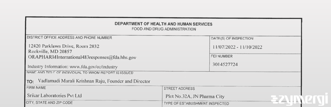 FDANews 483 Srikar Laboratories Private Limited Nov 10 2022 top