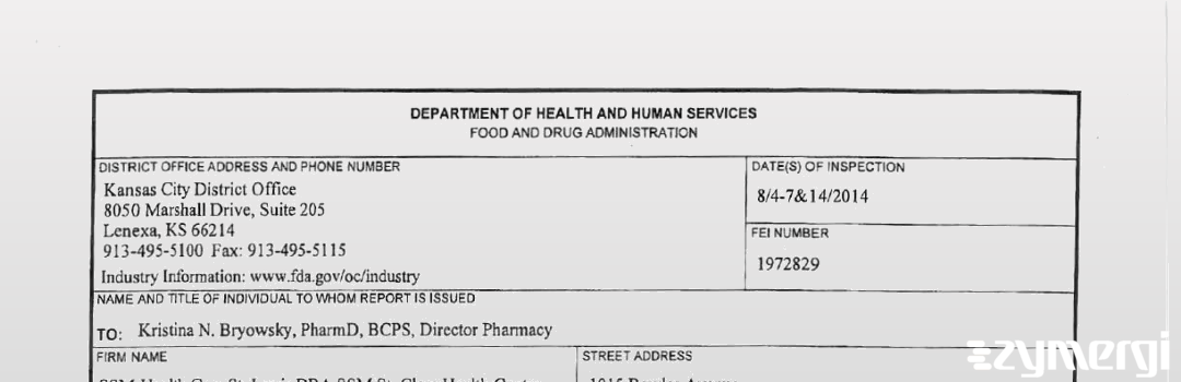 FDANews 483 SSM Health Care St. Louis DBA SSM St. Clare Health Center Aug 14 2014 top