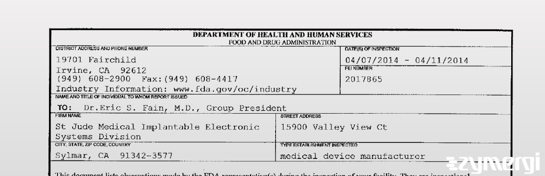 FDANews 483 St Jude Medical Cardiac Rhythm Management Division Apr 11 2014 top
