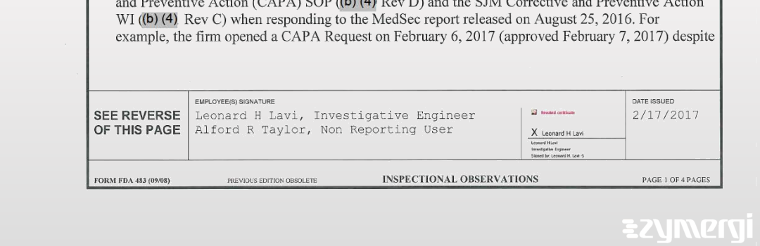 Leonard H. Lavi FDA Investigator Alford R. Taylor FDA Investigator