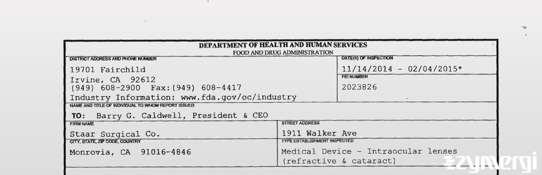 FDANews 483 Staar Surgical Co. Feb 4 2015 top