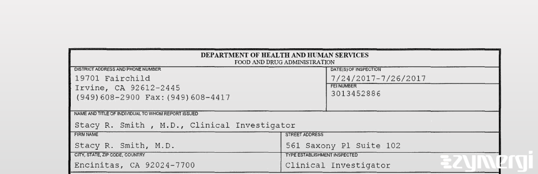 FDANews 483 Stacy R. Smith, M.D. Jul 26 2017 top
