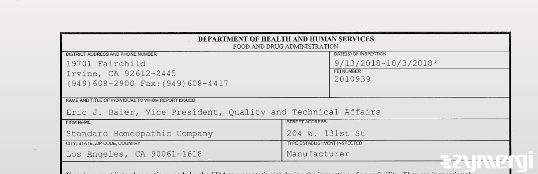 FDANews 483 Standard Homeopathic Company Oct 3 2018 top